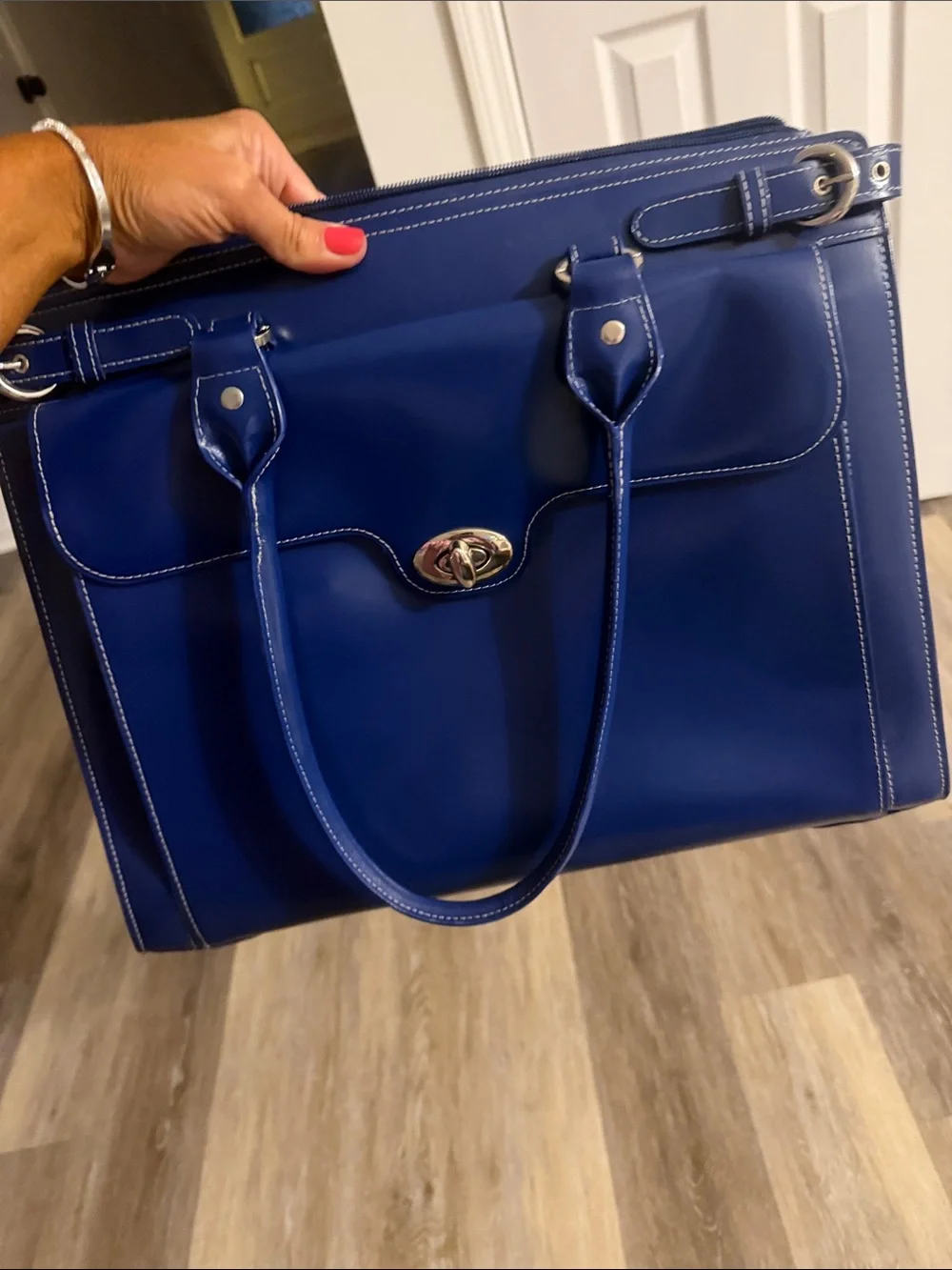 Mcklein Winnetka Briefcase navy blue leather travel silver hardware elegant